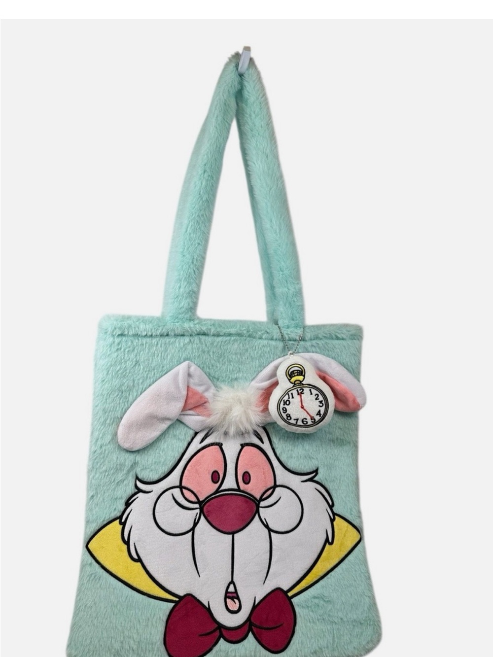 Disney Alice in Wonderland White Rabbit Faux Fur Tote Bag Plush Clock Charm NWOT